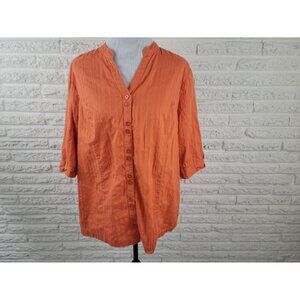 Liz & Me Womens Shirt 1X 18W 20W Plus Short Sleeve Orange VNeck Button Up ORA22E